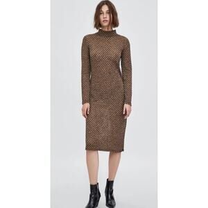 Zara Shimmery Fitted Knit Long Sleeve Lined Midi Dress Mock Neck Stretch S Brown